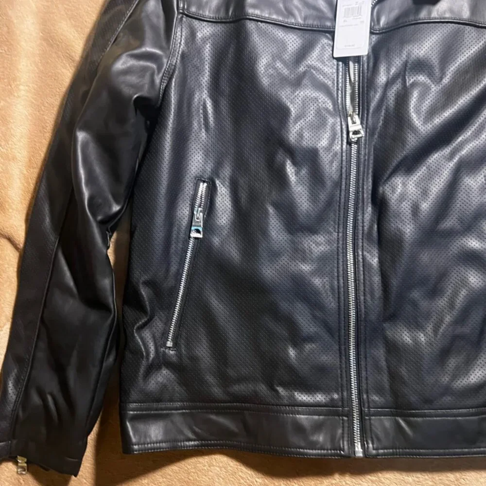 NWT Guess Women XL LS‎ Beau Perforated Jet Black Full Zip Faux Leather Jacket
